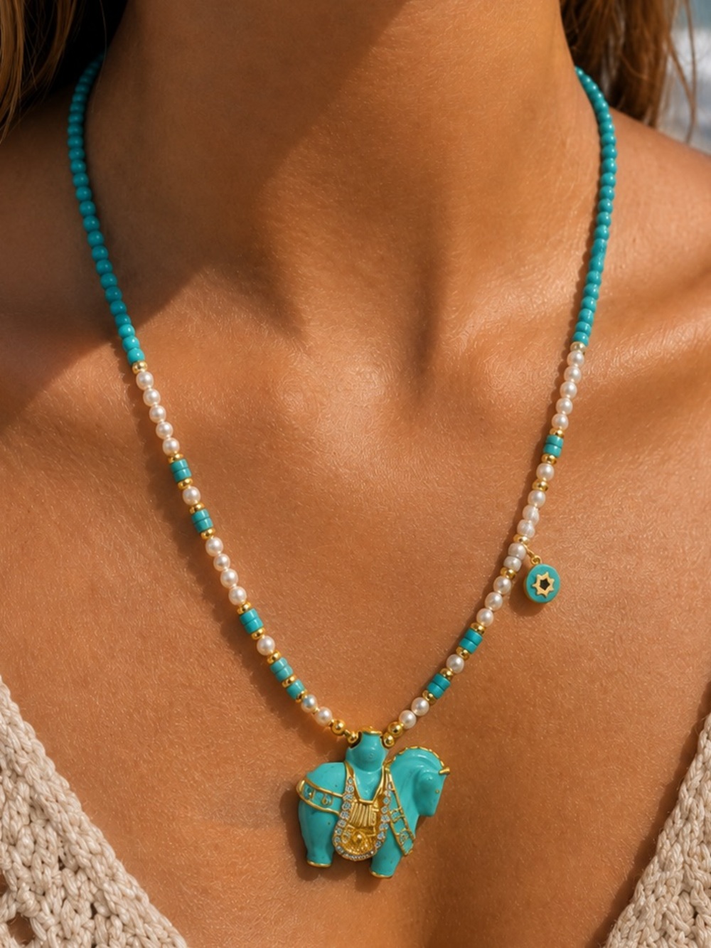 Turquoise and Freshwater Pearl Blue Pony Necklace Style #18A